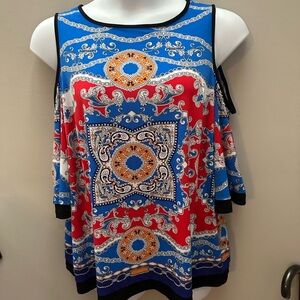 Susan Graver 1X Tunic Top Blouse Shirt Boho Knit Cold Shoulder Chain Print Chic